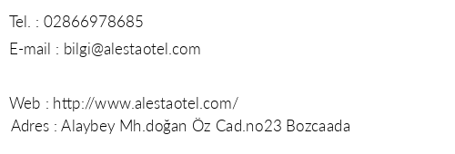 Bozcaada Alesta Otel telefon numaralar, faks, e-mail, posta adresi ve iletiim bilgileri